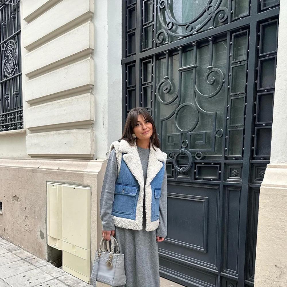 Модный жилет без рукавов из овечьей шерсти, женский толстый лоскутный женский жилет, куртка осень-зима, теплые повседневные плюшевые женские топы с лацканами