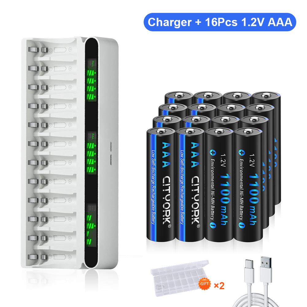 Charger and Battery Combo Kit 12 Slot Smart LCD USB/Type-C Hybrid 1.2V Battery Charger + 1.2V AA/AAA NiMH Rechargeable Battery