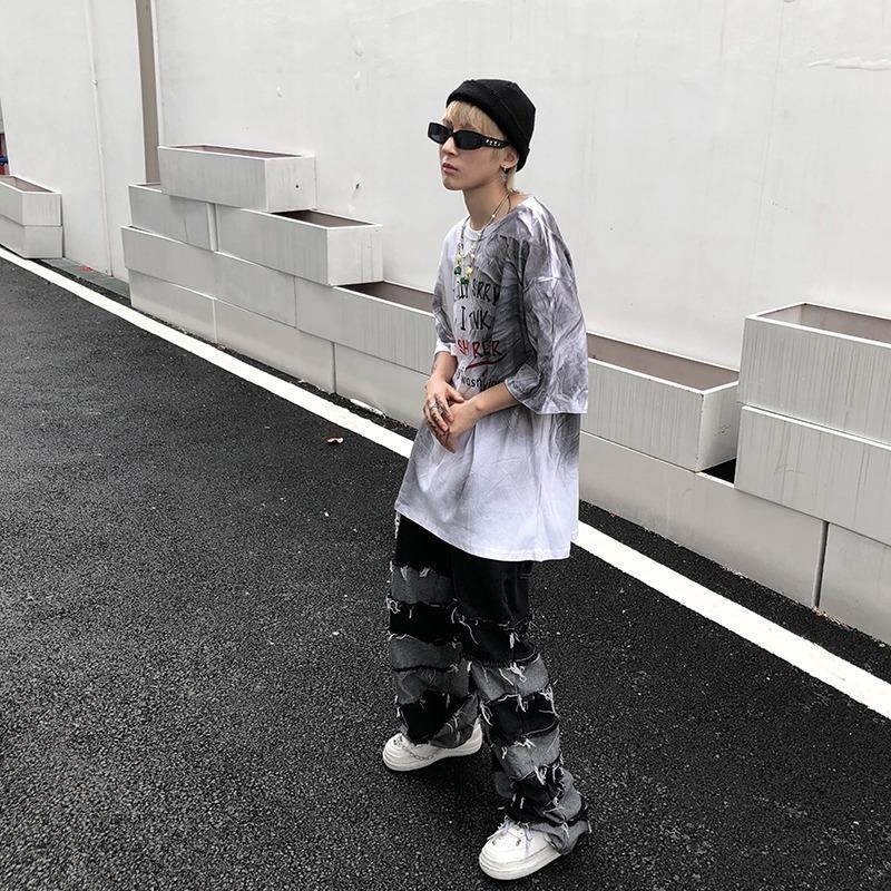 Мужские негабаритные винтажные лоскутные джинсы в стиле хип-хоп с широкими штанинами, мешковатые рваные потертые джинсы Y2K, уличная одежда в стиле гранж для мужчин