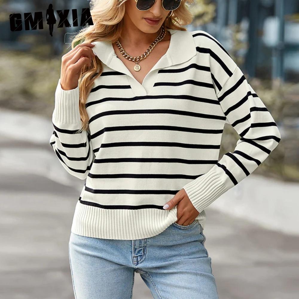 GMXIA Women's Sweater Casual Lapel Striped Sweater
