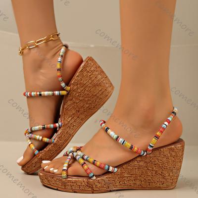 Празднуйте 2025 Новые Летние Сандалии Богемный Стиль Каблук-Наклон Женская Обувь Повседневные Смешанные Цвета На Высоком Каблуке Массивная Платформа Сандалии