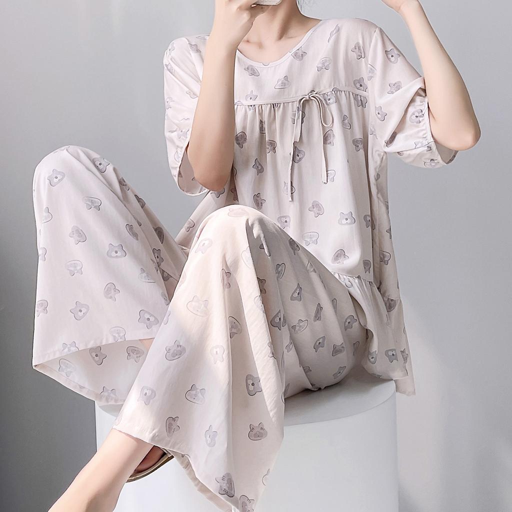 Cotton and silk pajamas women's summer 1011 new short-sleeved trousers can be worn outside the suit, sweet girl small fresh loungewear
