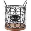 Coffee Pod Basket, Decorative Round Wire Capsule Holder with Wooden Base, Proof Metal Construction, Weighted Base, For Cafe Kitchen (Black)