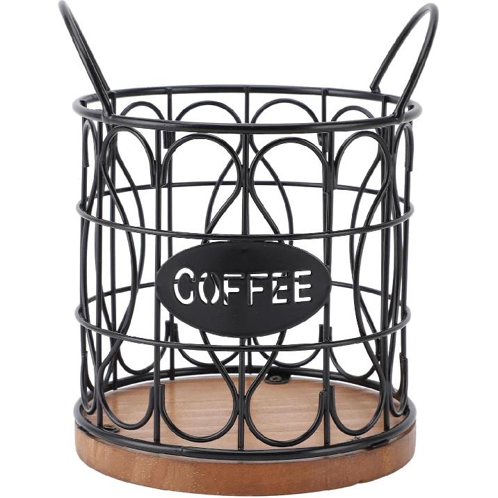 Coffee Pod Basket, Decorative Round Wire Capsule Holder with Wooden Base, Proof Metal Construction, Weighted Base, For Cafe Kitchen (Black)
