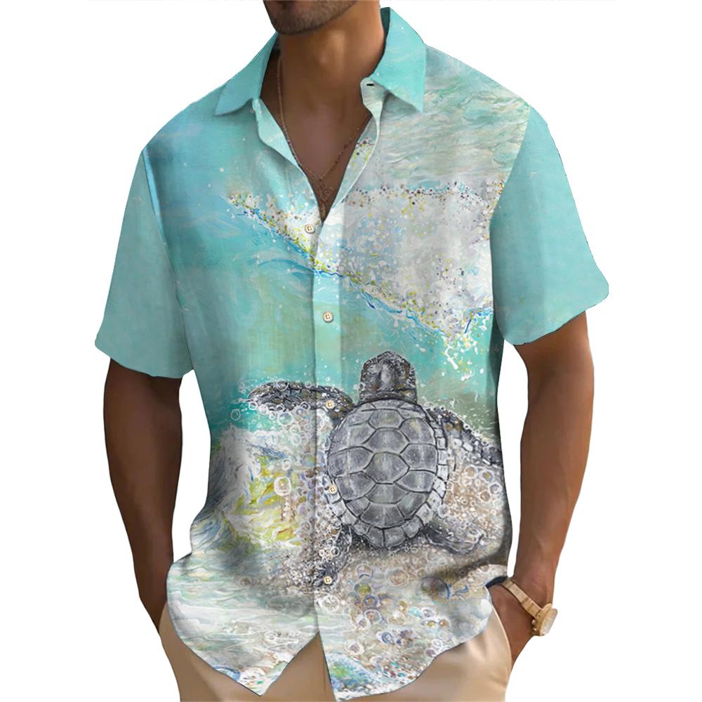 Летняя мода ретро океан животные черепаха принт мужская рубашка с коротким рукавом уличная повседневная свободные мужские рубашки свободные топы