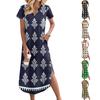 Women's Casual Comfortable V Neck Loose Hem Split Vacation Short Sleeve Floral Long Dresses