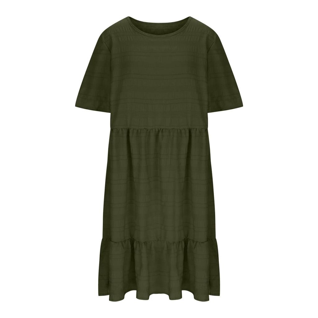 Ladies' Large Size Casual And Fashionable Solid Color Dress, Loose Short Sleeved Waist Cinched Dress
