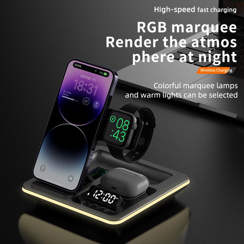 Foldable 3 in 1 Wireless Charger Station with Digital Clock Display Fast Charging Magnetic Stand