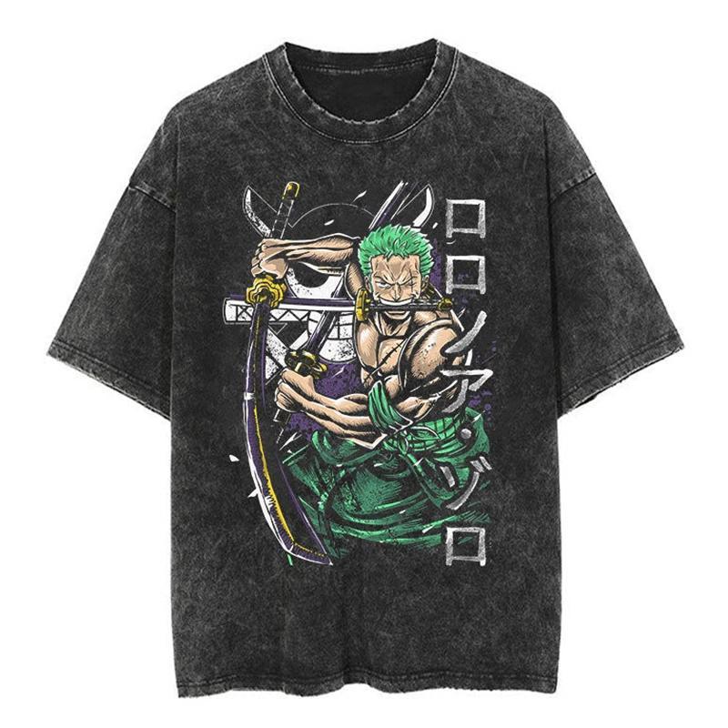 Anime One Piece Zoro Printed Tshirt Mens and Womens Washed Tshirt High Quality Vintage Cotton Tshirt Harajuku Tops