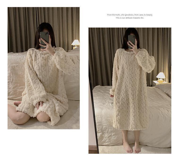 Cozy Coral Fleece Long Nightdress - Large Size Warm Winter Pajamas with Plush Velvet