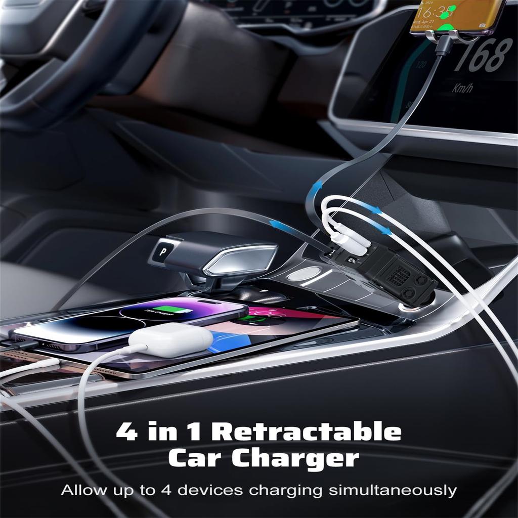 Retractable Car Charger With Retractable Cables, 4 In 1 Super Fast Car Phone Charger, 2 USB Ports Car Charger Adapter