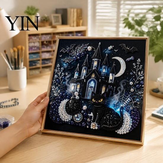 Gothic Style Wall Decor Faux Pearl Art Kit, 3D Dark Evil Pumpkin Painting Creative Holiday Presents for Craft Lovers Spooky Castle Halloween