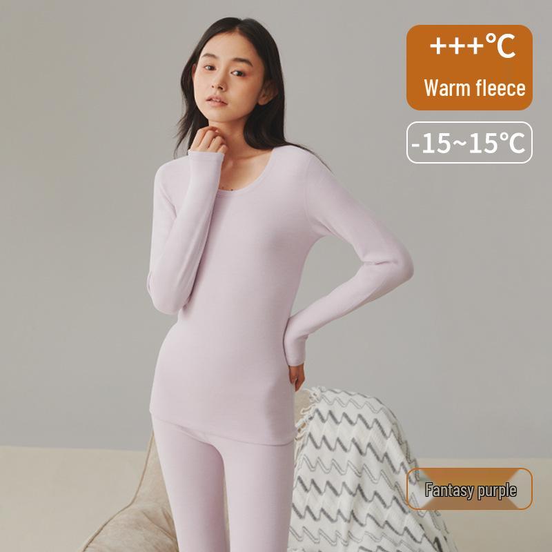 Женский утолщенный флисовый комплект термобелья облегающего кроя с круглым вырезом для осени и зимы
