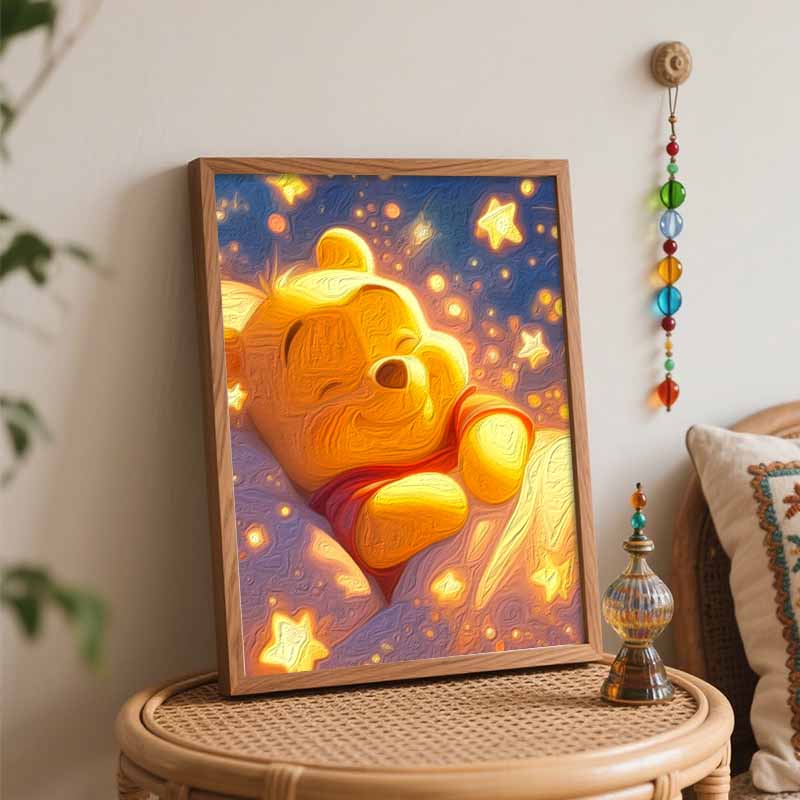 Disney oil painting Winnie the Pooh sleeping star light art handmade diy painting home decoration gift