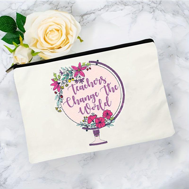 Simple Teacher Change The World Pattern Print Makeup Bag, Women Handhold Bag Travel Cosmetics Storage Pouch Bag Toiletry Bag, Gift For Teacher