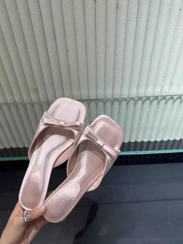 2025 Spring and Autumn New Fashion French Square Women's Shoes with Bow Decoration Open-toed Empty Sandals Women