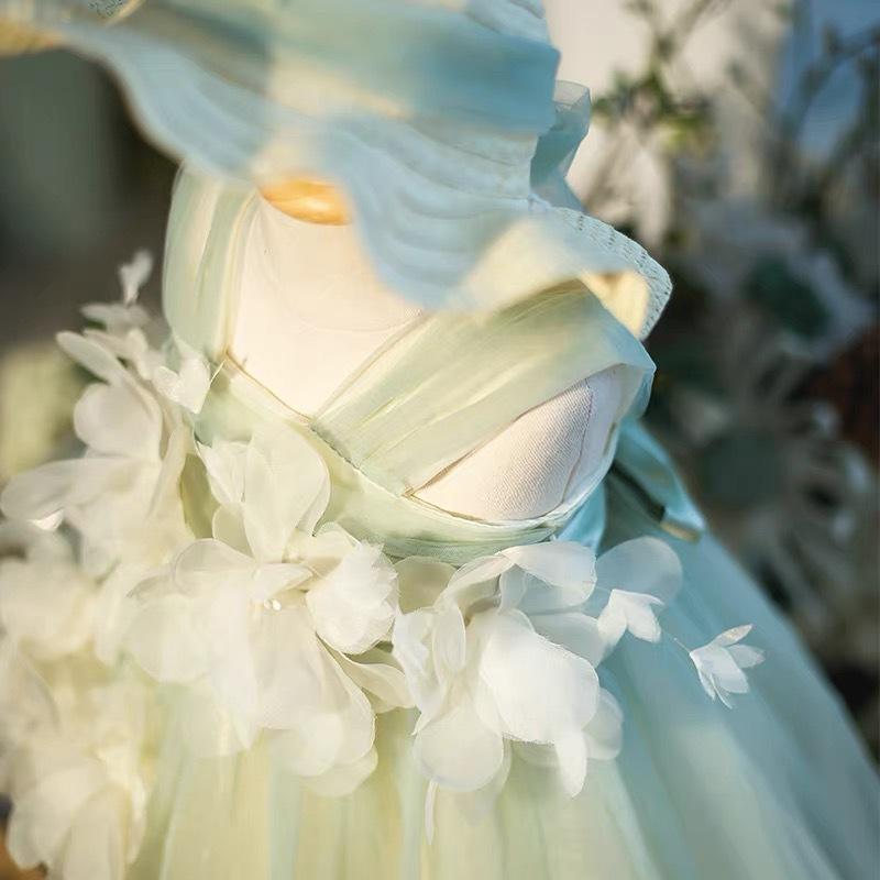 Girls Mint Green Tulle Dress With 3D Flowers And Bows Fairy Party Gown For Children