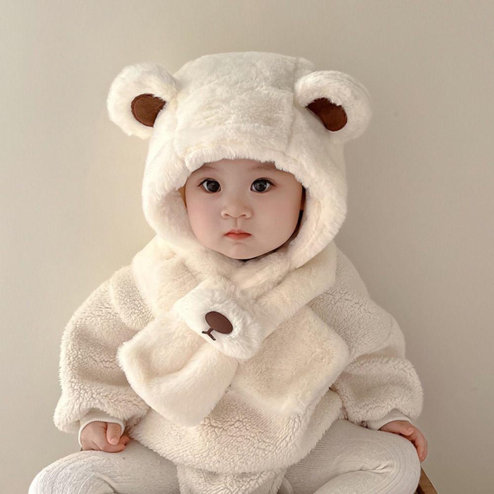 Solid Color Children Fleece Hat Fashion Design Plush Hat with Scarf Outdoor Bear Plush Hat Kid