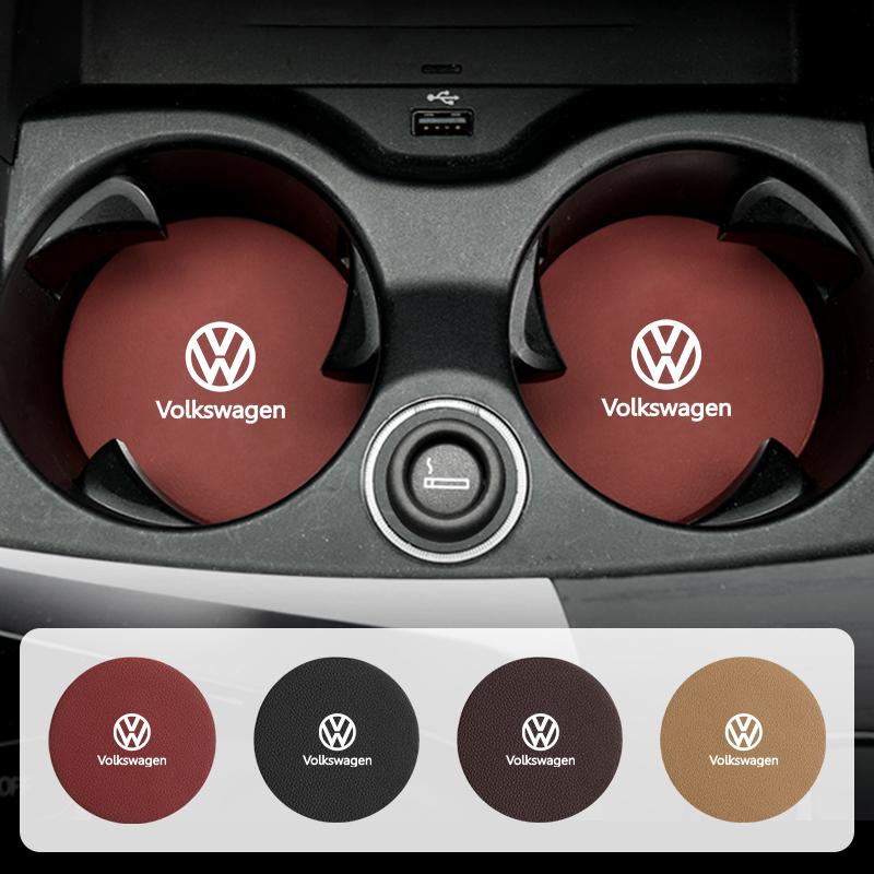 2pcs Car Leather Water Coaster Anti-slip Mats Bottle Cup Holder For Volkswagen VW Tiguan CC Jetta Polo Golf Passat T-ROC Touareg zf9