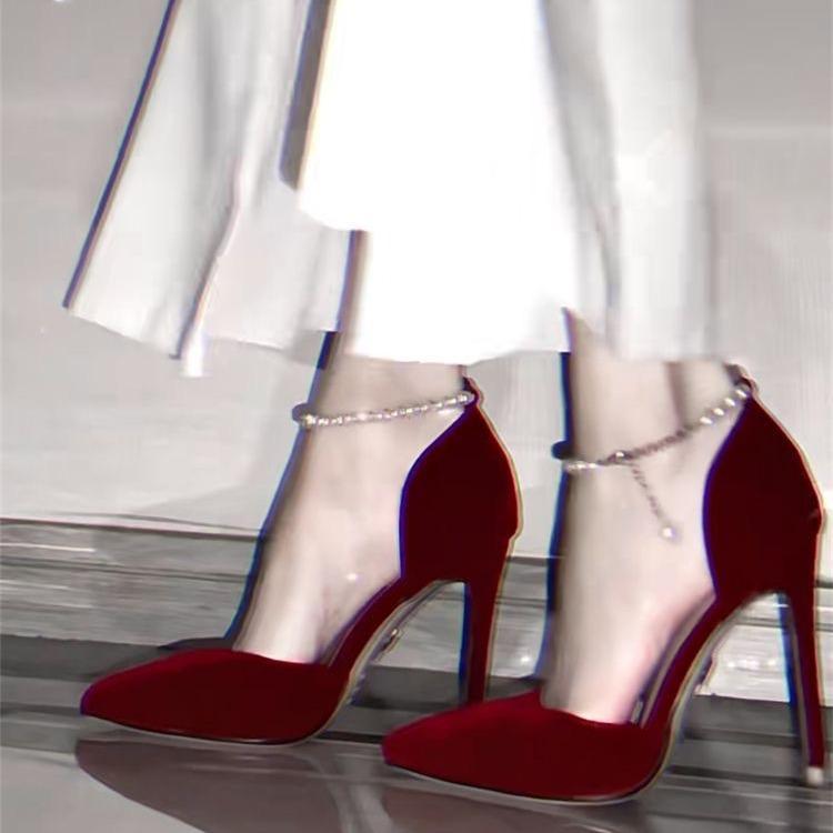 Гигантские белые ~ красные жемчужные туфли на высоком каблуке свадебные туфли для взрослых церемониальные туфли с острым носком Xiuhe Suede нежные не устающие ноги