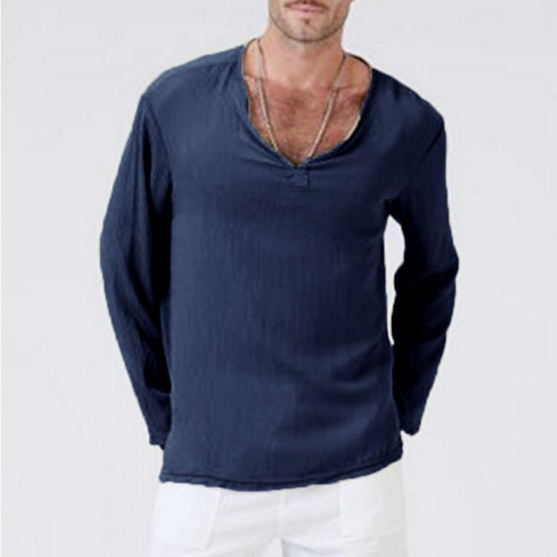 Men S Cotton Linen Blend V Neck Long Sleeve Casual Vintage Loose Fit Shirt