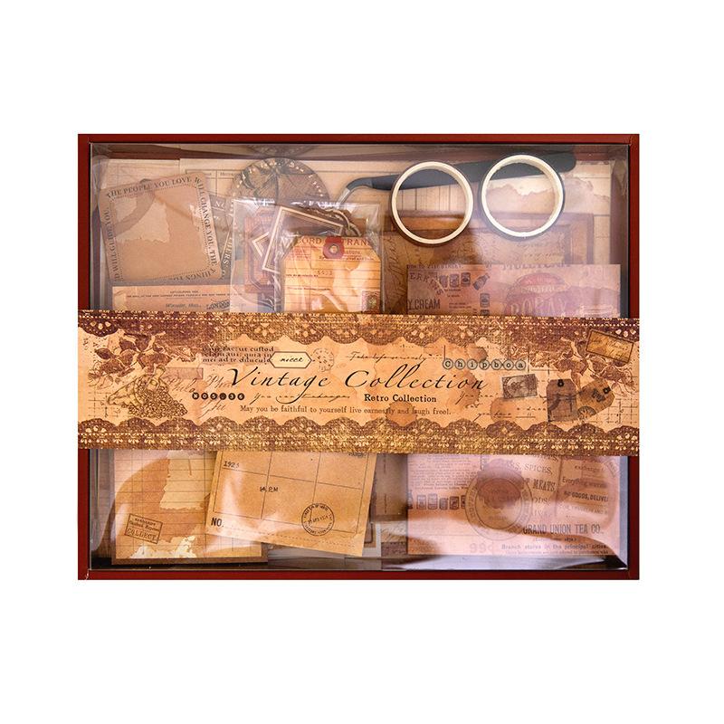 1box/202pcs Vintage Gift Box Set, Decorative Scrapbook Materials, Including Retro Papers, Stickers and Embellishments