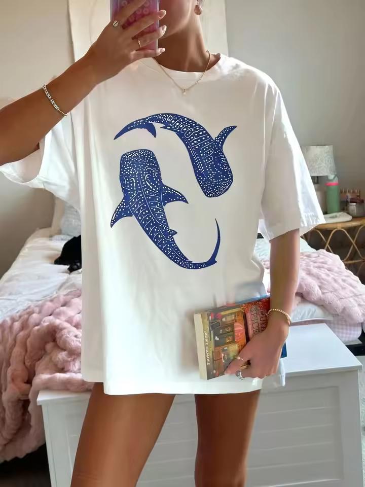 Blue Whale SharkSimple Printing Top Women New Summer Tops Comfortable O-Neck Tee Fashion Casual Daily Women Clothes Popular Tee
