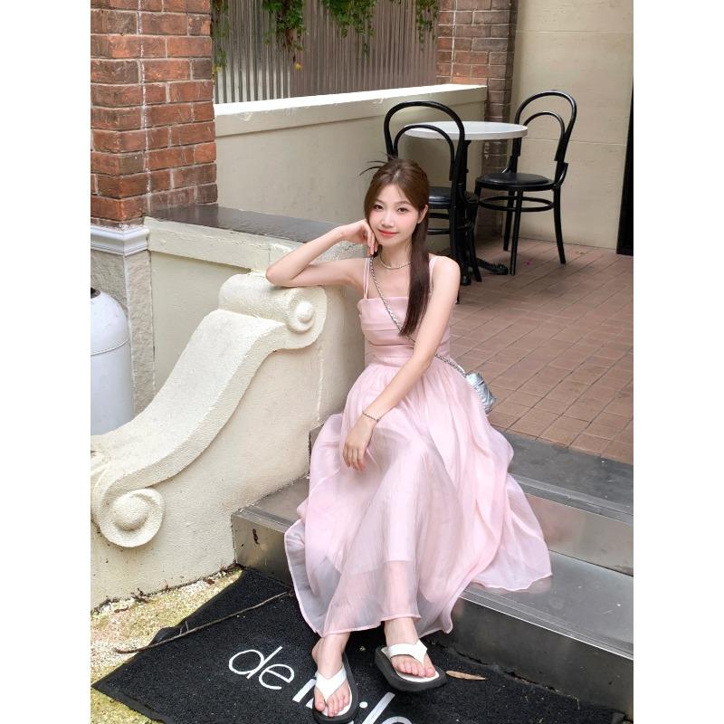Sweet Fairy Style Party Midi Dress Women Summer New Date High Sense Slimming Pink Clothing Female Gentle Princess Strap Dress