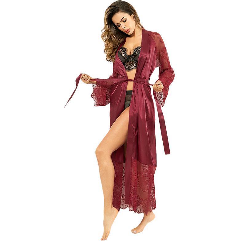 Женское кружевное лоскутное шелковое эротическое кимоно, банный халат на шнуровке, однотонное нижнее белье, ночная рубашка, длинное платье, платье с запахом