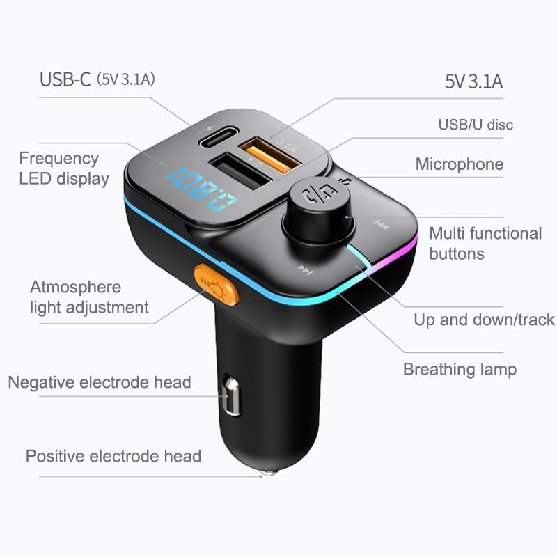 Bluetooth 5.3 Автомобильный FM-передатчик USB-флешка Type-C Быстрая зарядка Автомобильное зарядное устройство MP3-плеер Адаптер Aux Беспроводной автомобильный комплект Handsfree