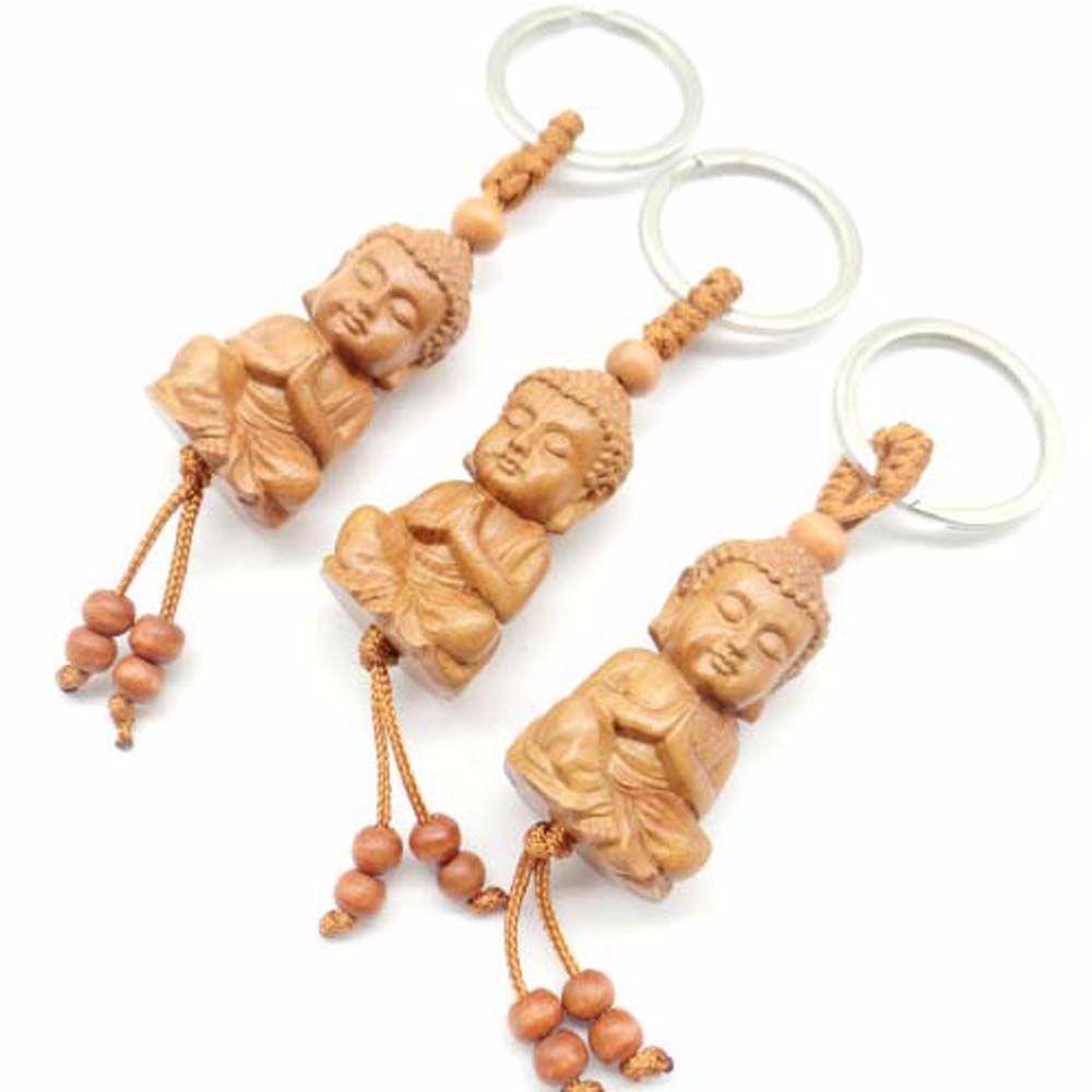 Engraving Guanyin Bag Pendant Wood Carving Craft Monk Keyfob Keychain Key Ring Car Accessories