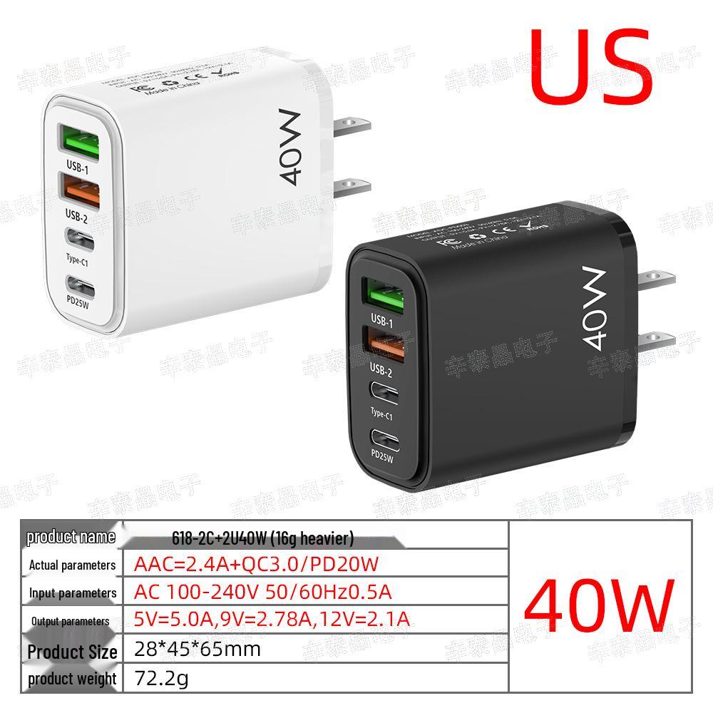 Мобильное зарядное устройство PD40W: Быстрая зарядка QC3.0, многопортовый 2U+2C, стандарты ЕС/Великобритании