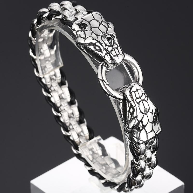 Готический однотонный браслет из нержавеющей стали со змеиной головой для мужчин, байкерский мужской браслет, плетеный кожаный ремешок на запястье со змеиной головой