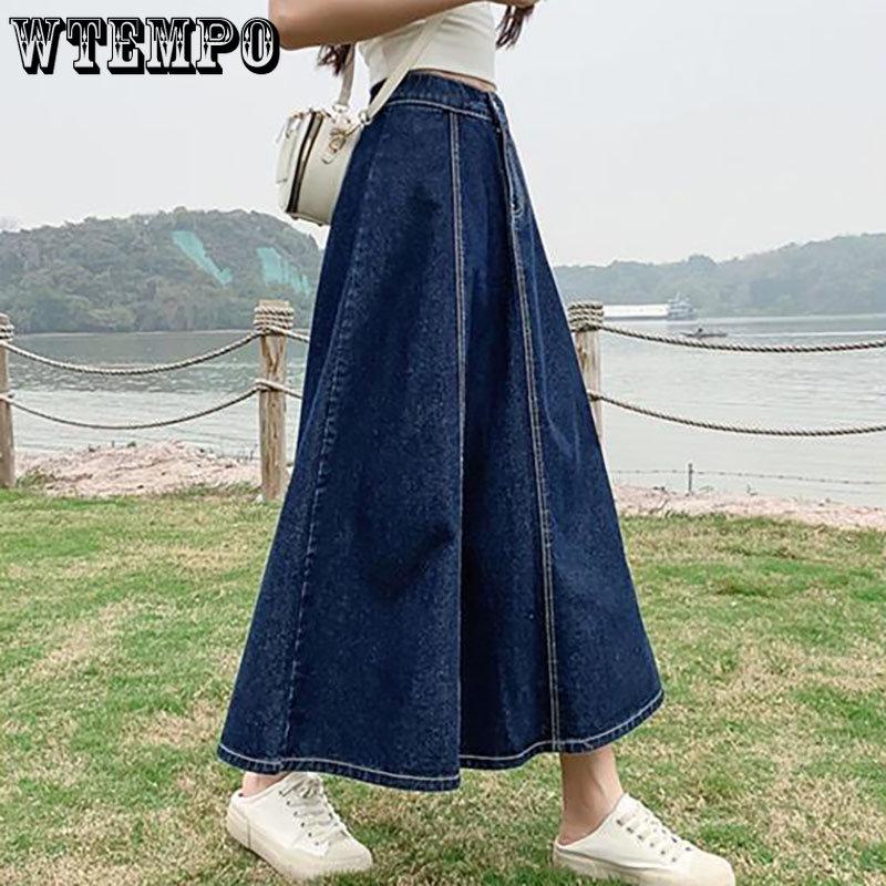 WTEMPO Женские джинсовые юбки трапециевидной формы, уличная одежда, свободная повседневная летняя летняя корейская стильная эластичная юбка с высокой талией, классическая винтажная синяя юбка
