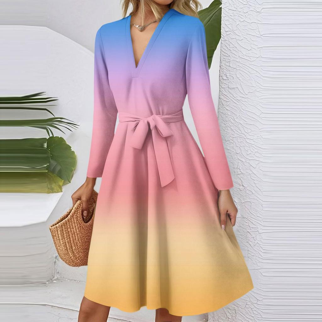 Женское модное повседневное платье миди с V-образным вырезом, длинными рукавами, приталенное, с градиентным принтом