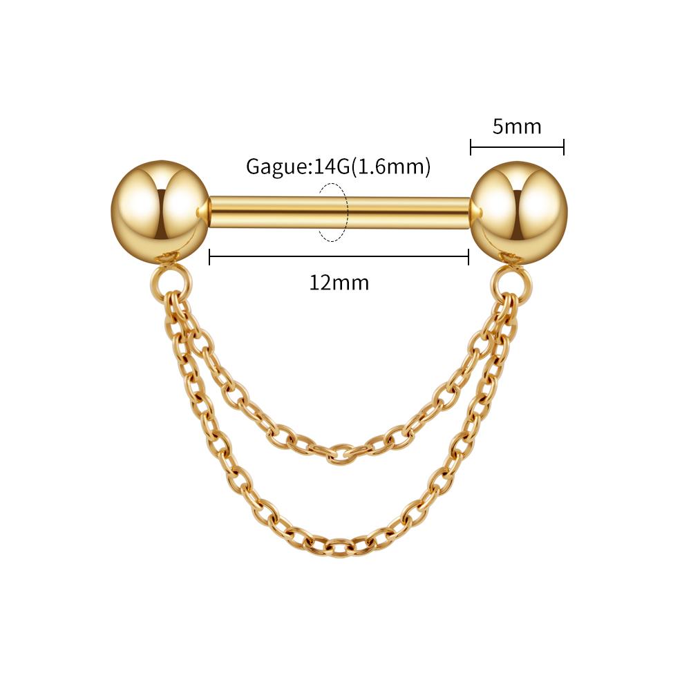 Right Grand ASTM F136 Titanium Threadless Push Pin Nipple Shield Ring with Double Chain Dangle 14G Barbell Piercing Jewelry