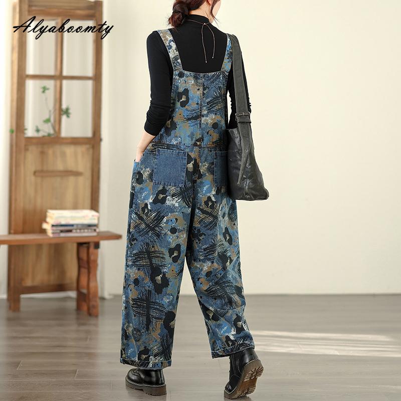 Plus Size Korean Style Stylish Streetwear Overall Straps Print Denim Wide Leg Jeans Basic Ladies' Casual Loose Vintage Romper