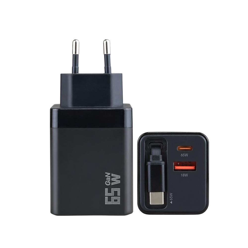 Выдвижной настенный зарядник GaN 65 Вт PD Быстрый USB C зарядник с выдвижным кабелем Type-C для мобильного телефона, ноутбука, планшета. US EU UK вилка