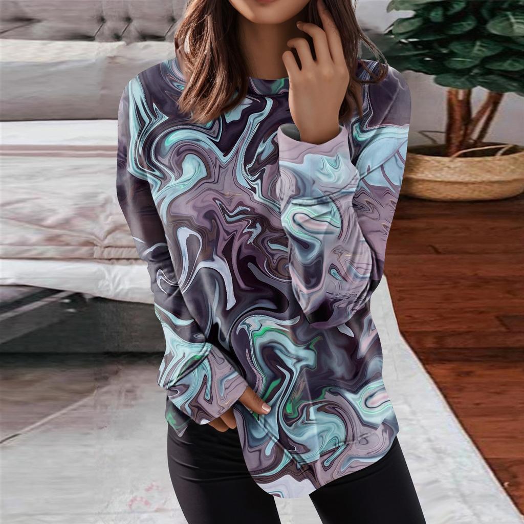 Women's Round Neck Tops Cotton Women's Casual Fashion Floral Print Long Sleeve O-Neck Pullover Top Blouse