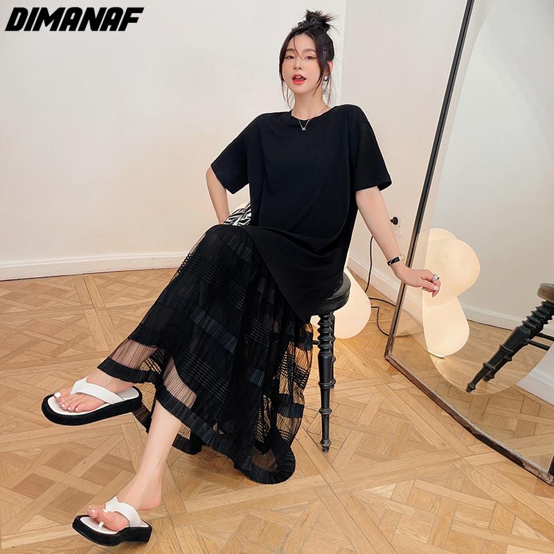 Dimanaf Женское длинное платье Лето Плюс Размер Модная Сетка Черное Свободное Повседневное Oversize