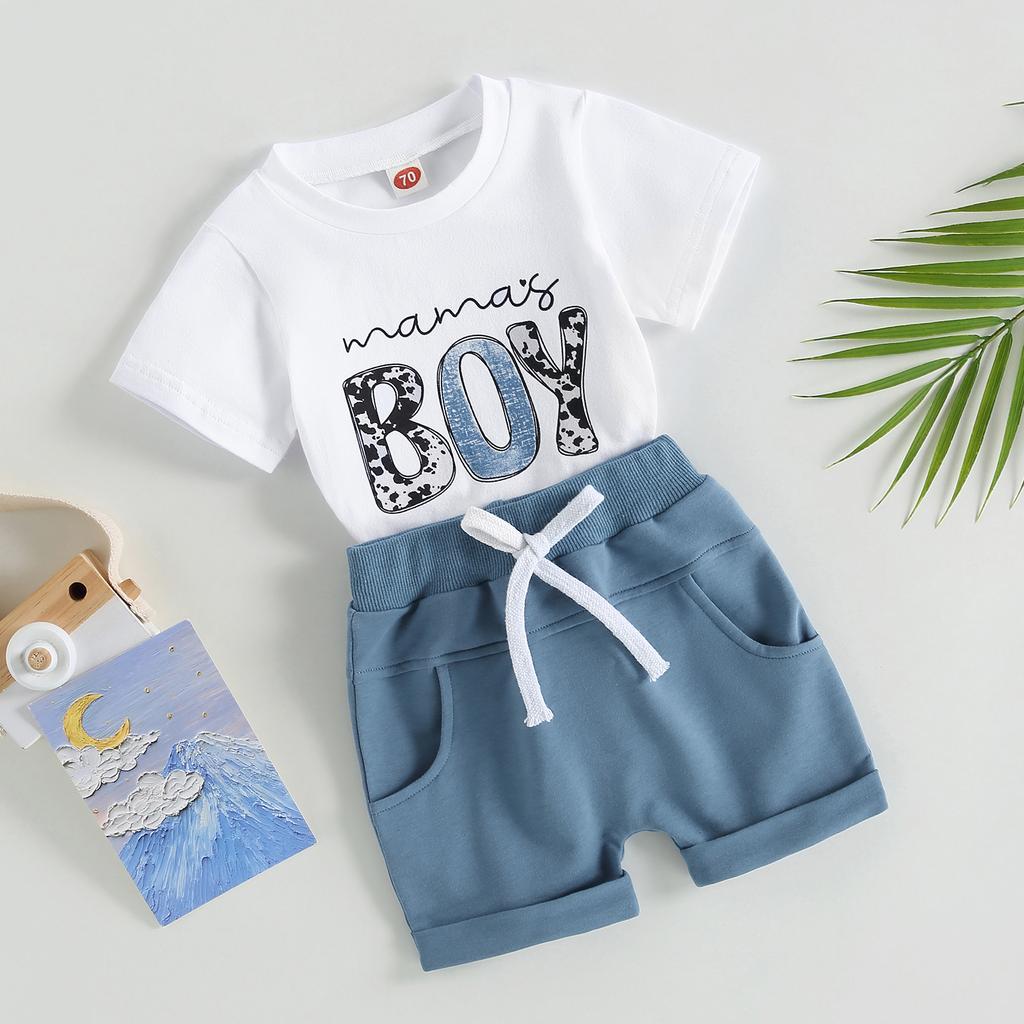 Baby Boys Shorts Set, Short Sleeve Cartoon Bear Print T-shirt with Elastic Waist Shorts Summer Outfit