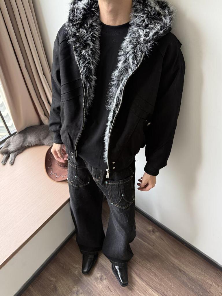 Men's Winter Boxy Seat Mountain Eagle Hooded Jacket with Faux Rabbit Fur Lining