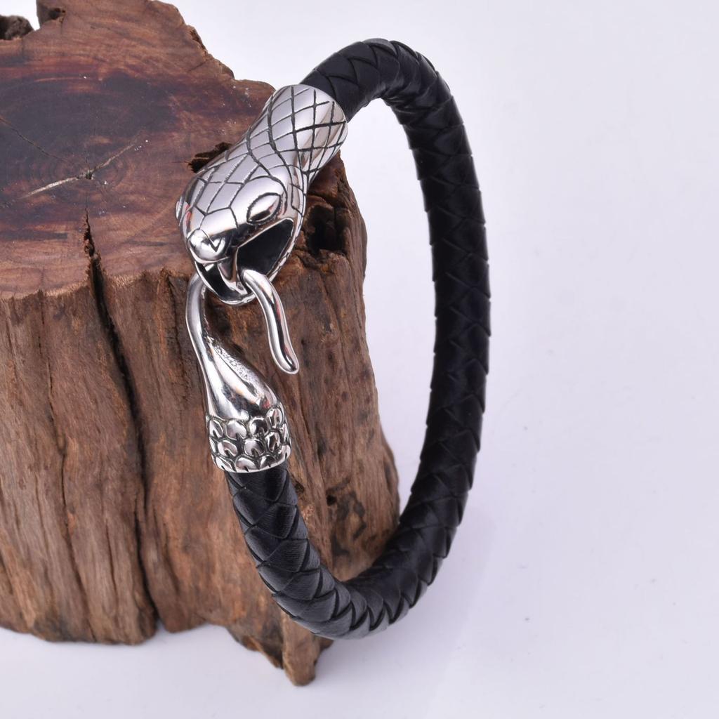 Мужской браслет викингов из нержавеющей стали со змеиным хвостом и змеиной головой, браслет из натуральной кожи 