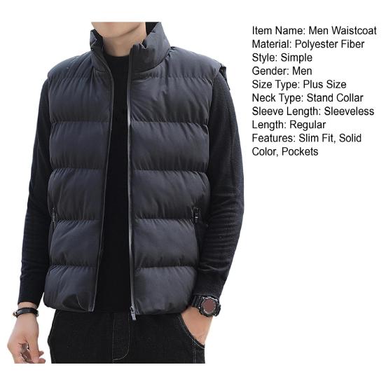 Men Waistcoat Stand Collar Sleeveless Slim Fit Vest Coat with Pockets Solid Color Zipper Closure Windproof Quilted Waistcoat