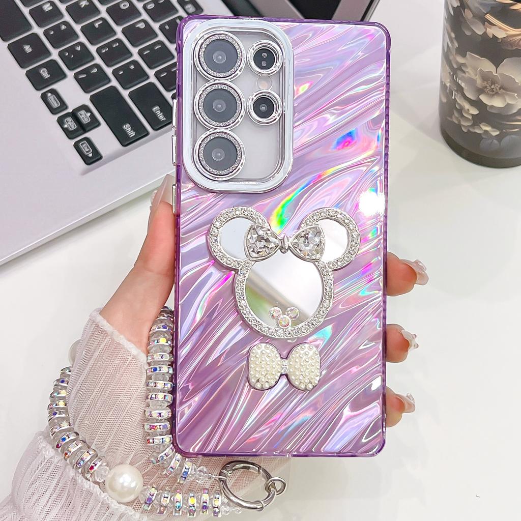 Advanced Wrinkles Suitable for Samsung S25ultra Bracelet Mobile Phone Case S24 Cartoon Mirror A56 Flash Powder Lens Film