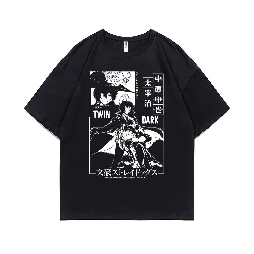 Аниме унисекс, футболка большого размера с графикой, унисекс, женские футболки Bungo Stray Dogs Dazai Osamu Nakahara Chuuya, хлопковая уличная футболка