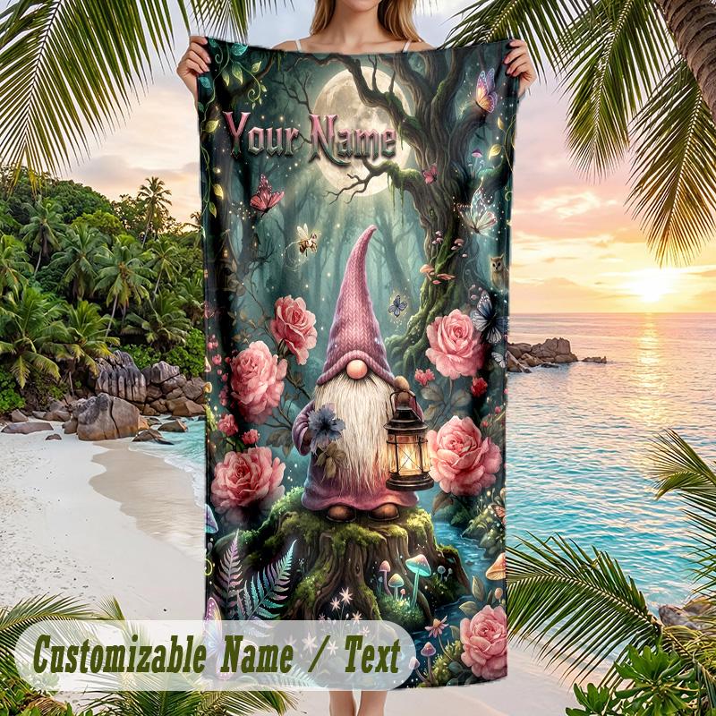 Gnome Theme Beach Towel Personalized Custom Name & Text Soft Quick Dry Beach Towel for Swimming Travel