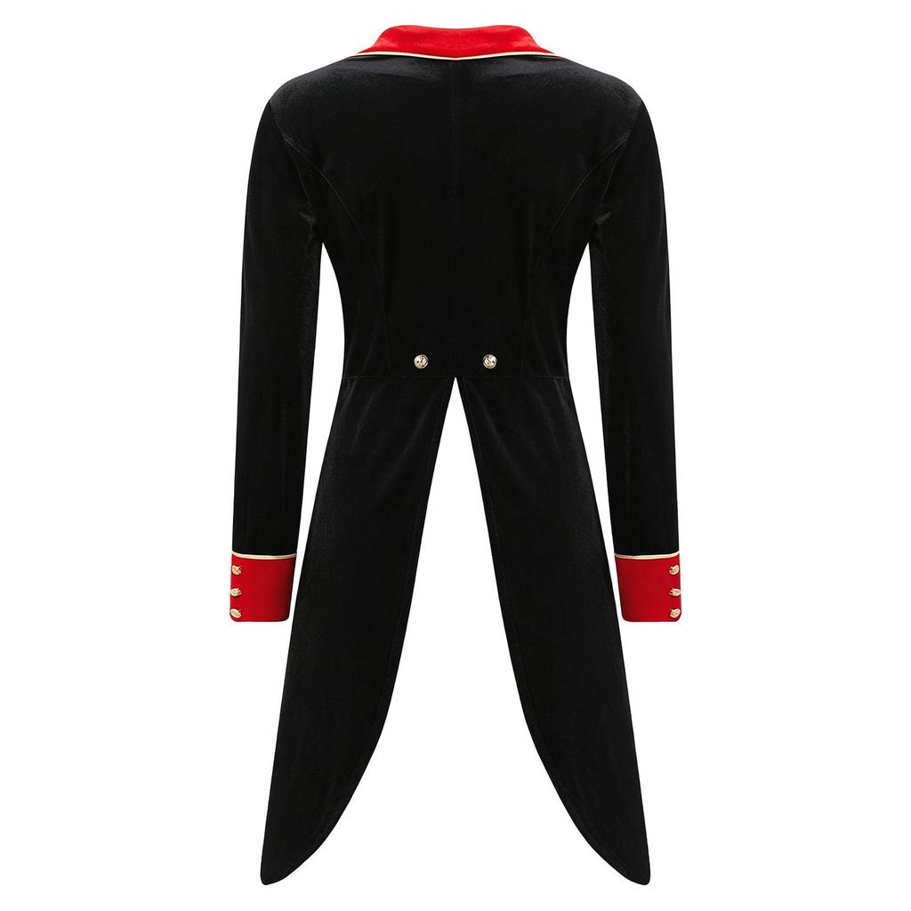 Womens Circus Ringmaster Costume Gold Trim Lapel Collar Long Sleeve Color Blocked Velvet Tailcoat