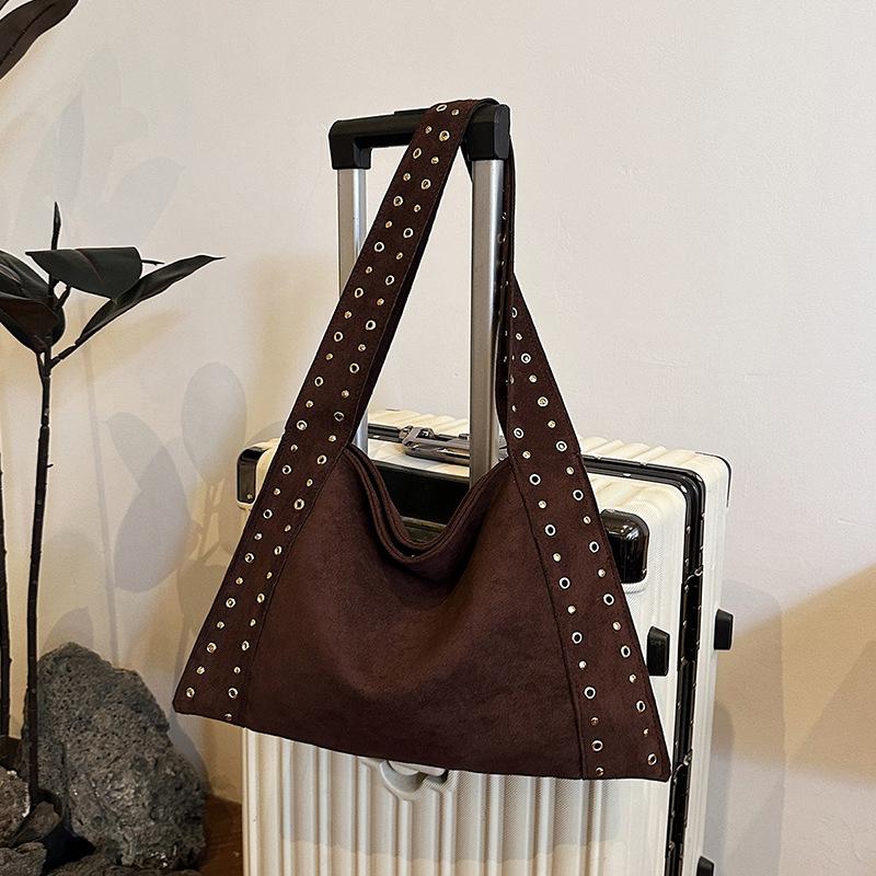 Ретро Замшевые Сумки через Плечо с Заклепками, Рабочие Сумки из ПУ Кожи, Большая Сумка-Тоут, Мешковатая Сумка-Локомотив для Женщин, для Путешествий, Зима, Осень