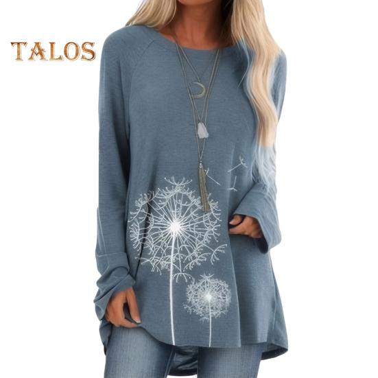 Женская туника больших размеров с принтом одуванчика, удлиненная рубашка с круглым вырезом и длинными рукавами, футболка-пуловер свободного кроя для работы, повседневной жизни